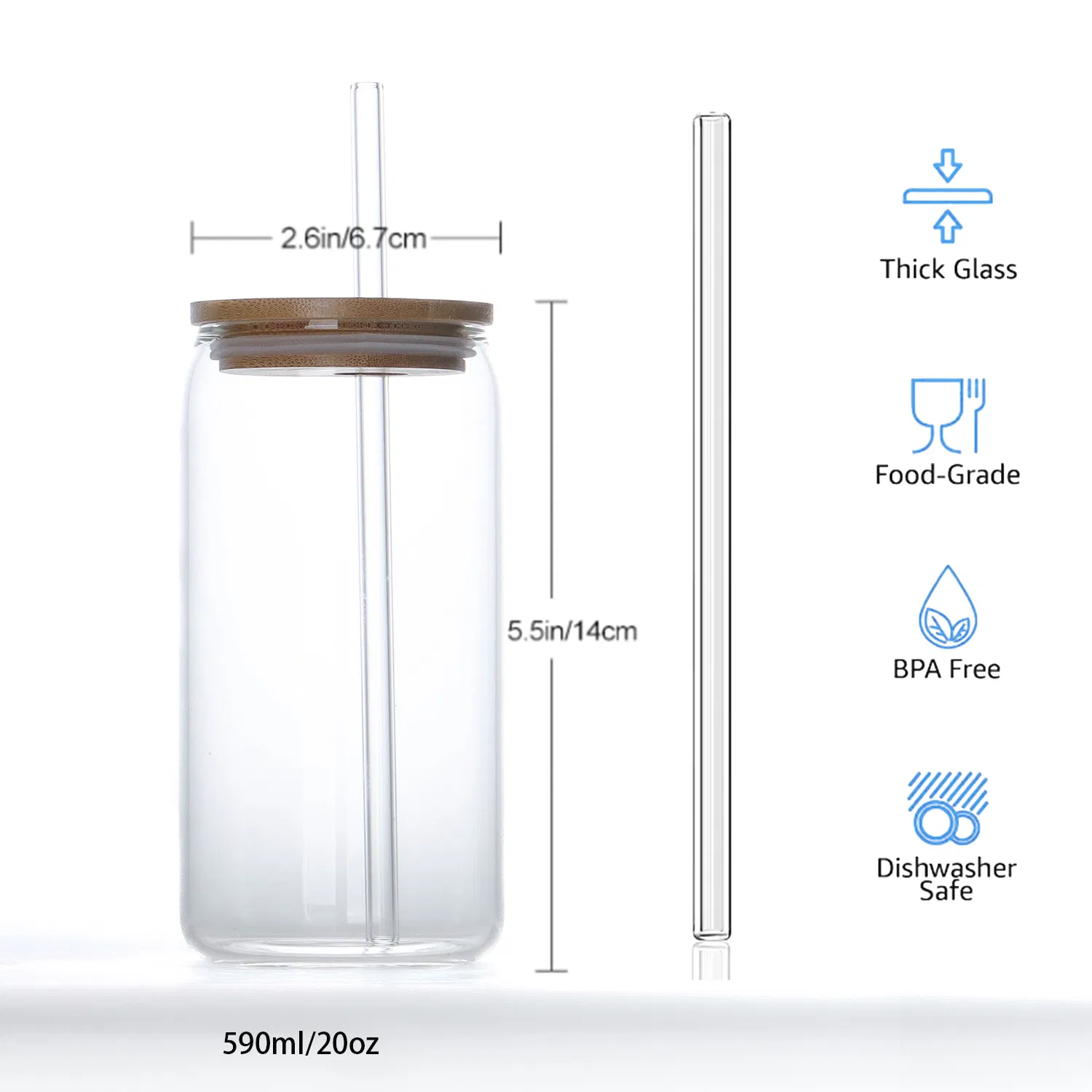 16oz Customized Clear Glass Drinking Cup with Bamboo Lid and Straw for Cold Drink Coffee Milk Tea