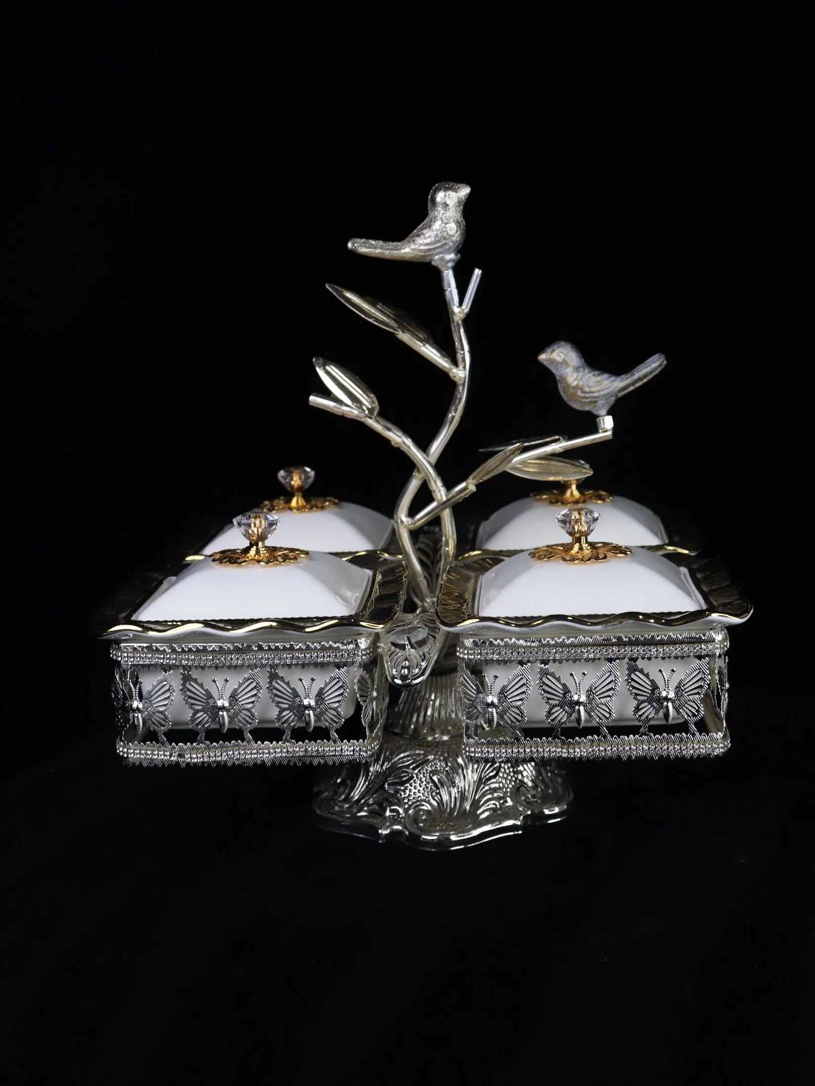 Home Ornament Gold-Plated Iron Frame with 4 Square Ceramic Bowl