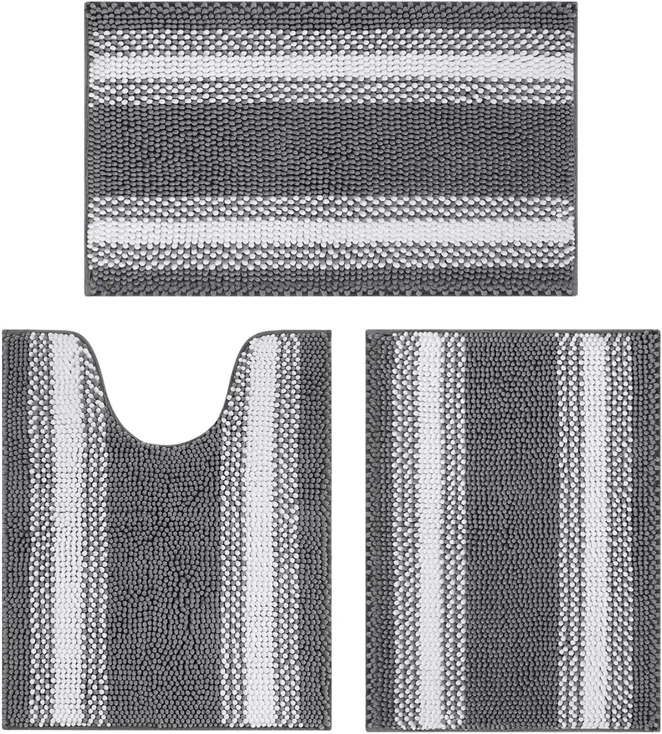Striped Bathroom Rugs and Mats, Chenille Bathroom Rug Set Non Slip, Soft Shaggy Bath Mats