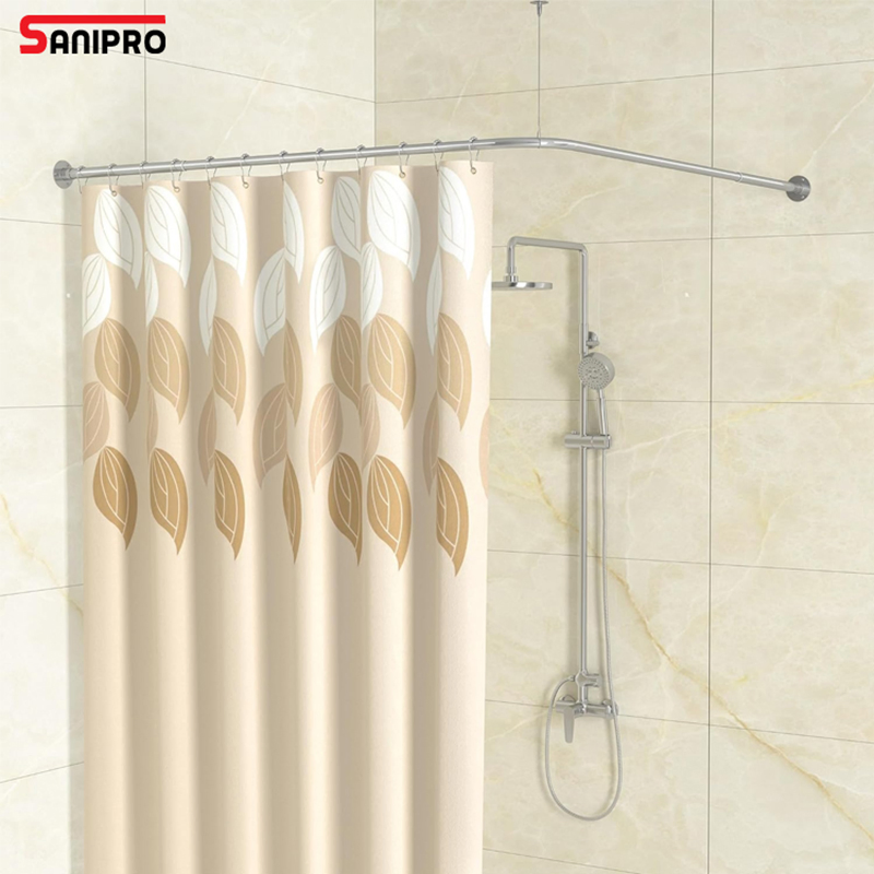 Sanipro L Shaped Corner Shower Curtain Rod 90 Degree Curved Ceiling Support No Sag Bathroom Curtain Poles with 12 Hooks