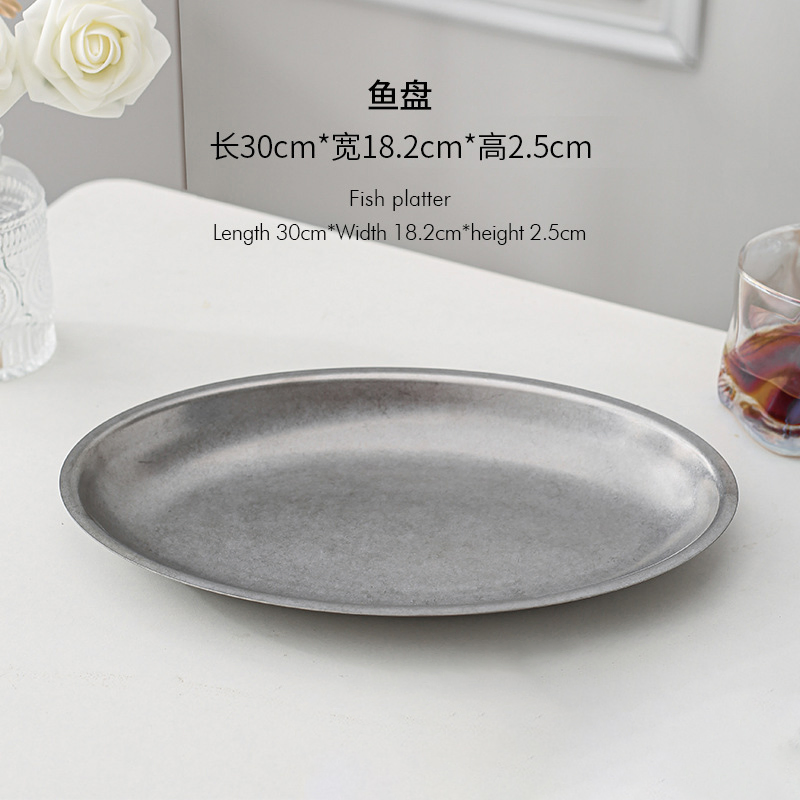 SUS 304 Stainless Steel Retro Oval Tray Square Plate with Snowflake Gray Color