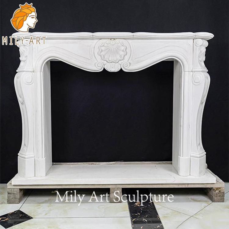 Traditional French Style Hand Carved Natural White Marble Fireplace Mantel