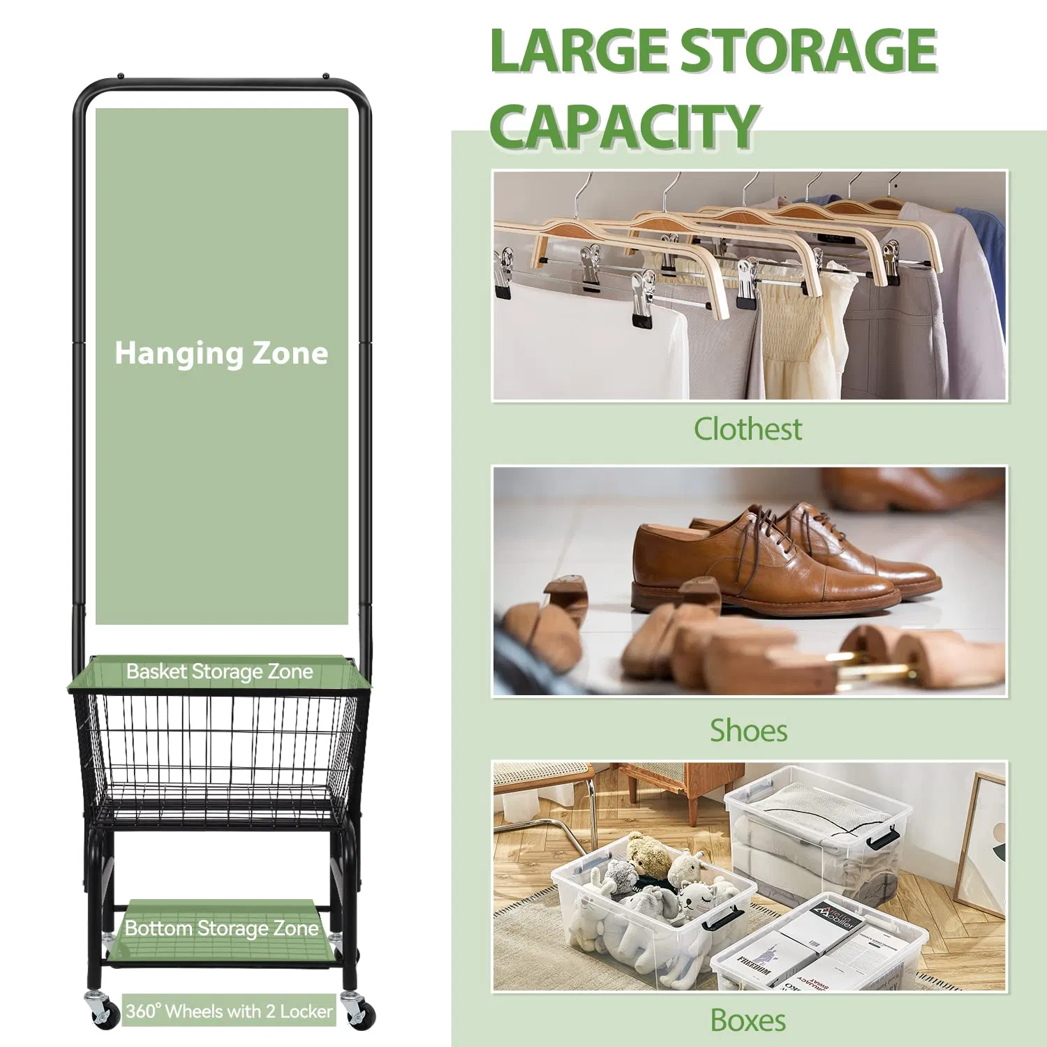 Laundry Cart with Wheels and Hanging Rack, Rolling Laundry Basket with Clothes Rack