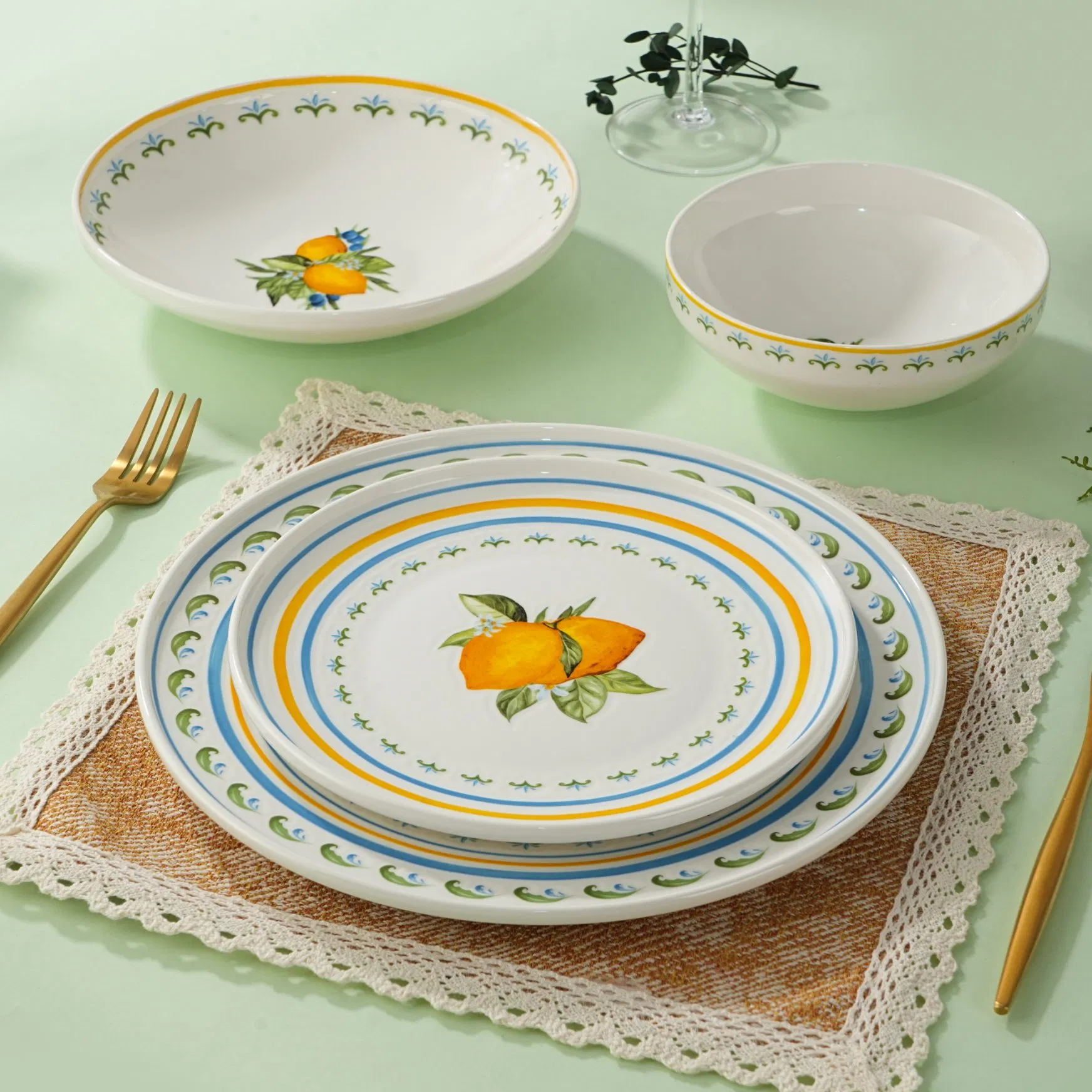 Crockery OEM ODM Porcelain Tableware Plates Set Lemon Pattern Ceramic Dinnerware
