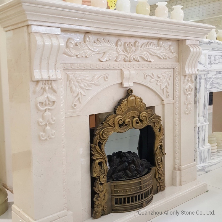 Custom Carved Light Beige Marble Fireplace Surround