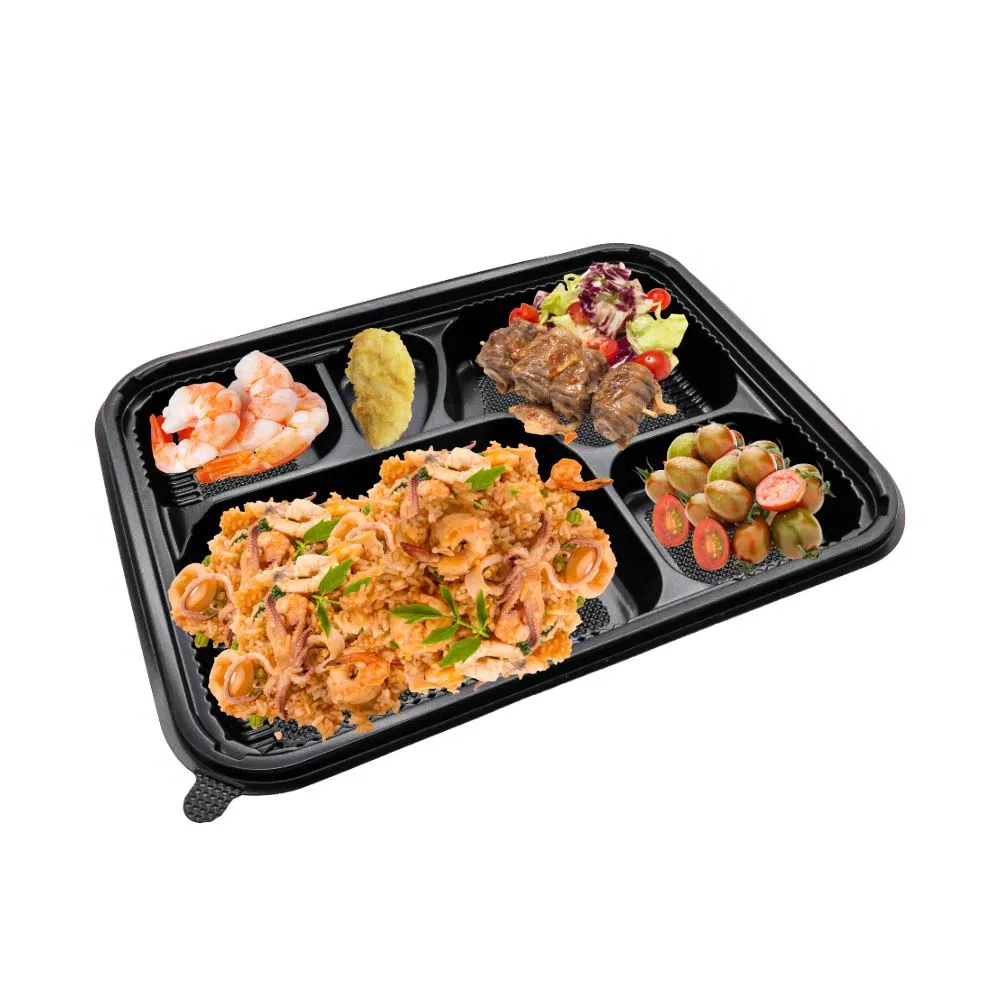Wholesale Disposable Japanese Takeaway Black Color Food Container Microwaveable Plasticc 5 Pack Snack Lunch Food Packaging