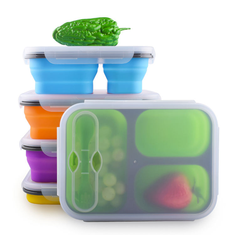 3 Compartment Children Reusable Food Storage Containers Folding Collapsible Silicone Lunch Boxes