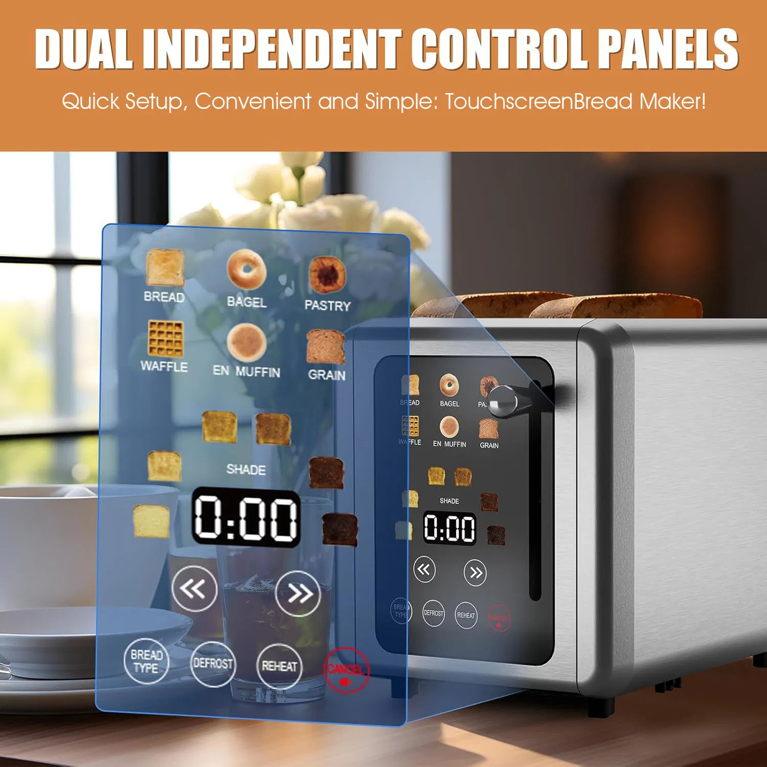Commercial 2-Slice Smart Toaster with LED Screen for Toast Bun Bagel Warming
