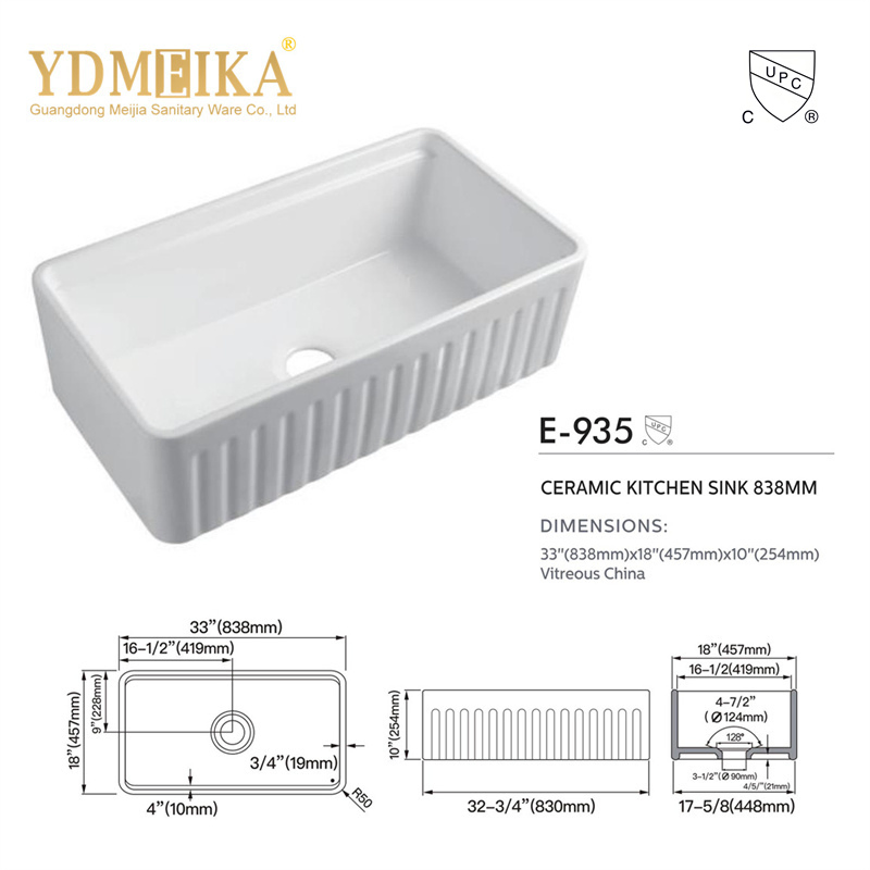 Hot Selling 24 Inch Farmhouse Ceramic Sink Single Bowl White Apron Front Kitchen Ceramic Kitchen Sink