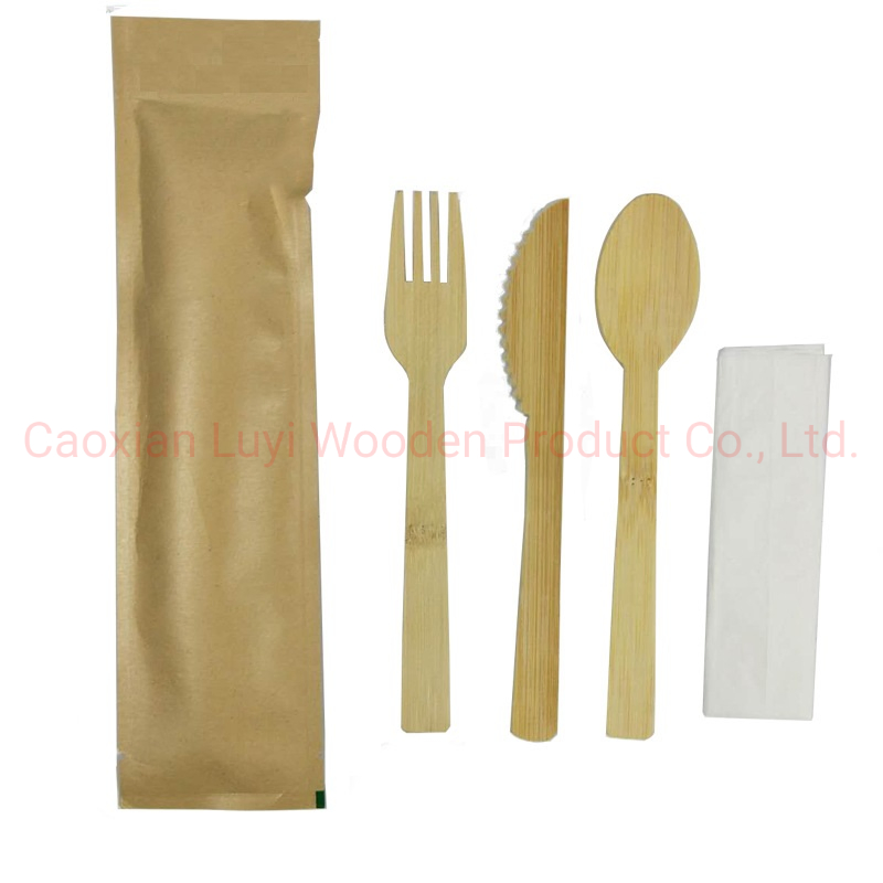 170mm Bamboo Cutlery Set-Fork/Knife/Spoo/Napkin with Kraft Bag