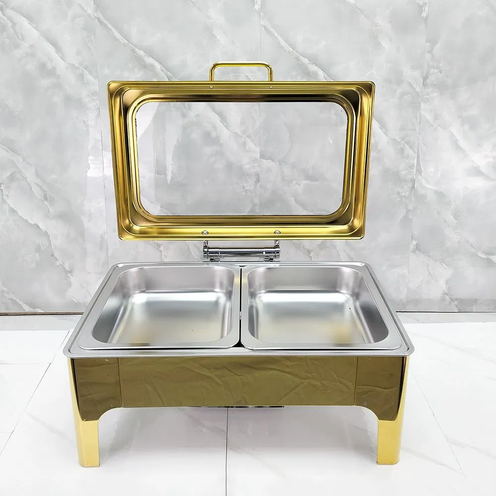 Luxury 9L Gold Stainless Steel Fuel Buffet Stove Food Warmer Chafing Dish for Wedding Buffet Server Gas-Powered Serving Food