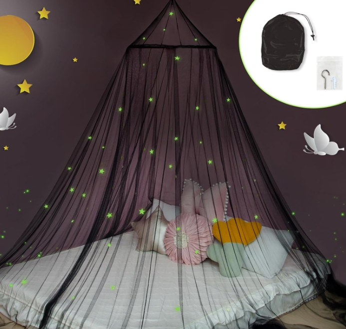 Princess Bed Canopy for Girls Room with Glowing Stars Ceiling Bed Canopy Curtains for Twin Full Size Beds Ideal Gift for Girls Black