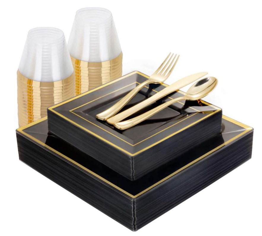 Rose Gold Rim Square Dinnerware Set Dinner Plastic Plates Dessert Plates Plastic Cups Linen Like Paper Napkins
