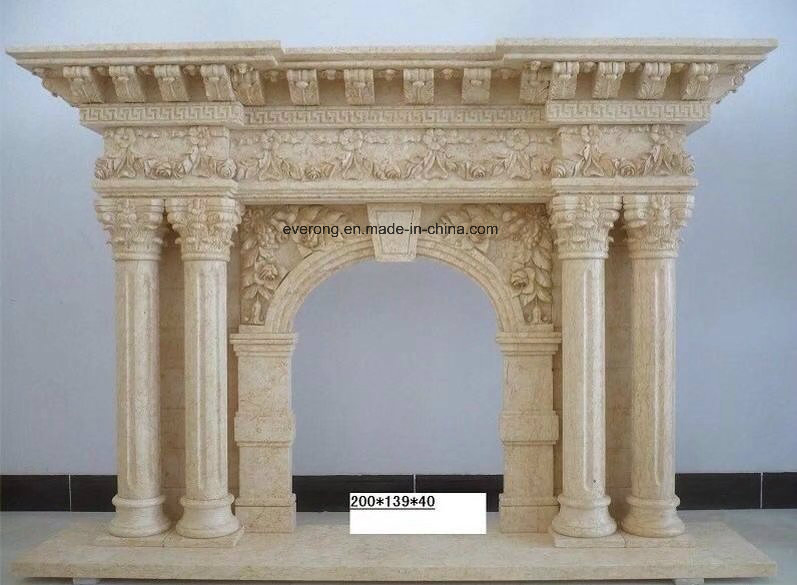 Natural Handcarving Stone Fireplace with White/Beige Marble