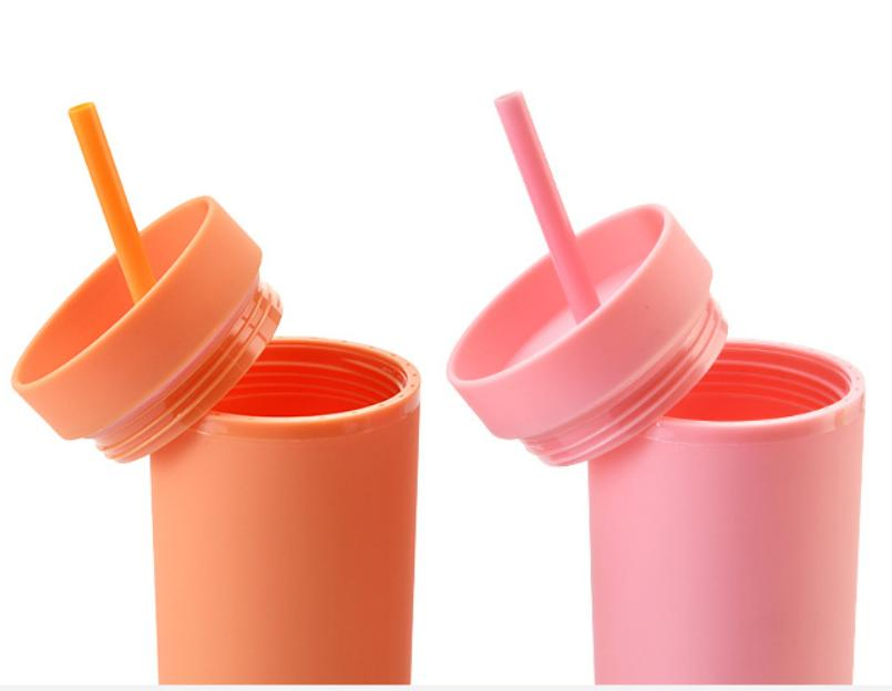 Colorful Double Wall 16oz Skinny Frosted BPA Free Tumbler Straw Plastic Water Bottle