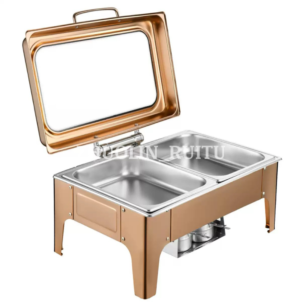 9L Rectangular Glass Lid White Catering Service Heating Pot Thicken Chaffers Chafer Dish Food Warmers Buffet Chafing Dishes for Catering