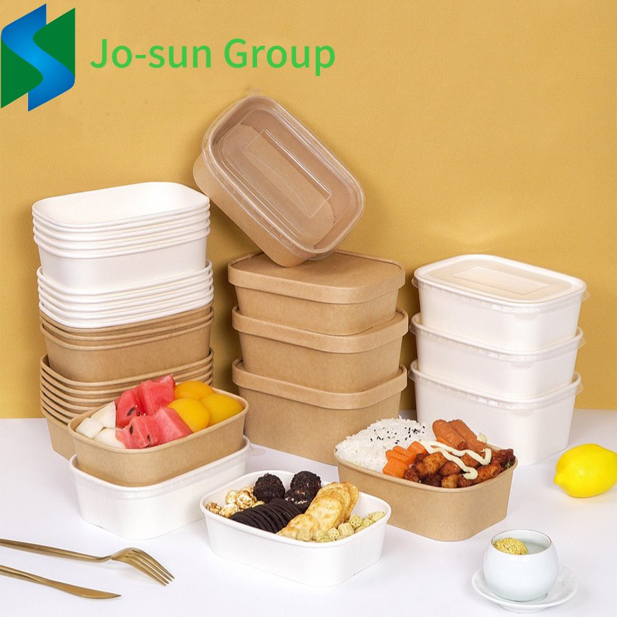 Jo-Sun 1000ml Rectangular Disposable Kraft Pulp Material Food Container Box Paper Bowl with Lid