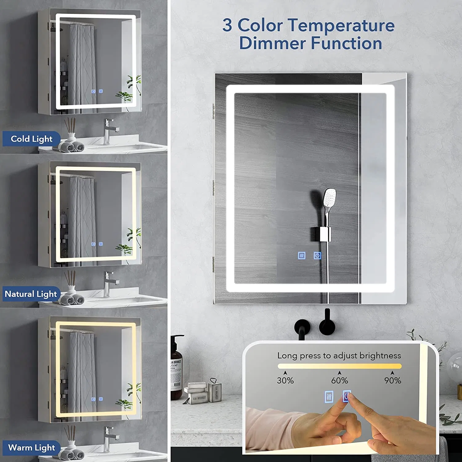 Bathroom Medicine Cabinet with LED Lights and Mirror, Wall Mounted Mirror Cabinet with Adjustable Shelf, Defogger, Memory 3-Color Mode, Dimmer, Anti-Fog Shower