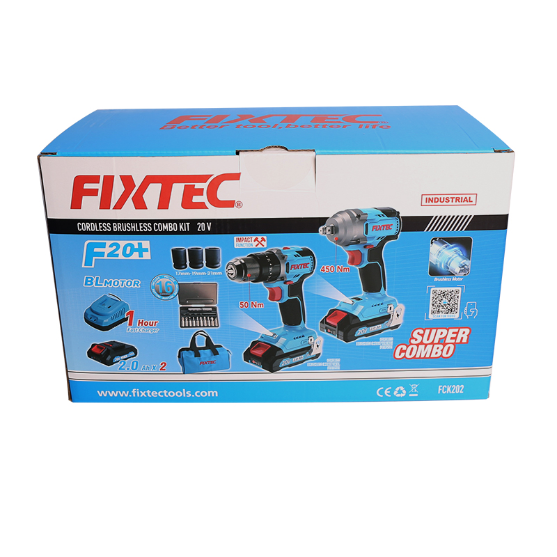Fixtec Professional 20V Brushless Drill Impact Wrench Kit High Torque Lithium Ion Battery Powered Cordless Power Tool Combo Kit Drill Set Toolbox