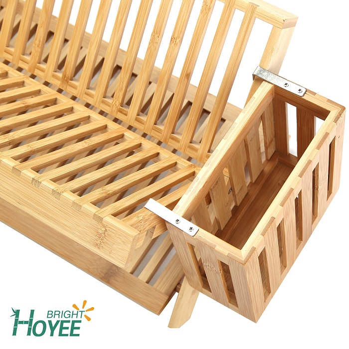 New Design X-Shaped Folding Double Bamboo Dish Rack with Utensils Holder