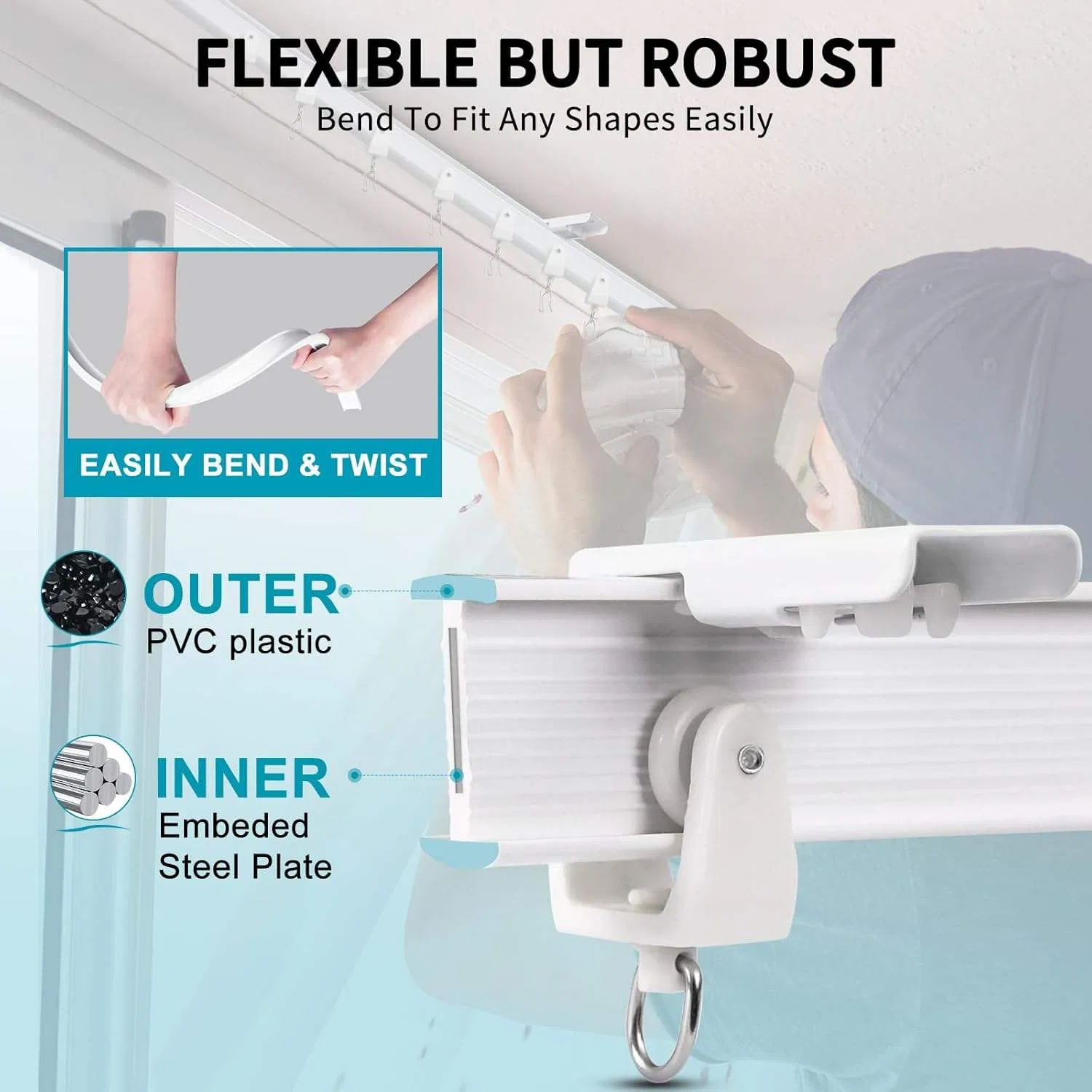 Full Set Curtain Rails with Rings, Easy Install Wall Bracket Curtain Rail, Top Quality Bracket Track