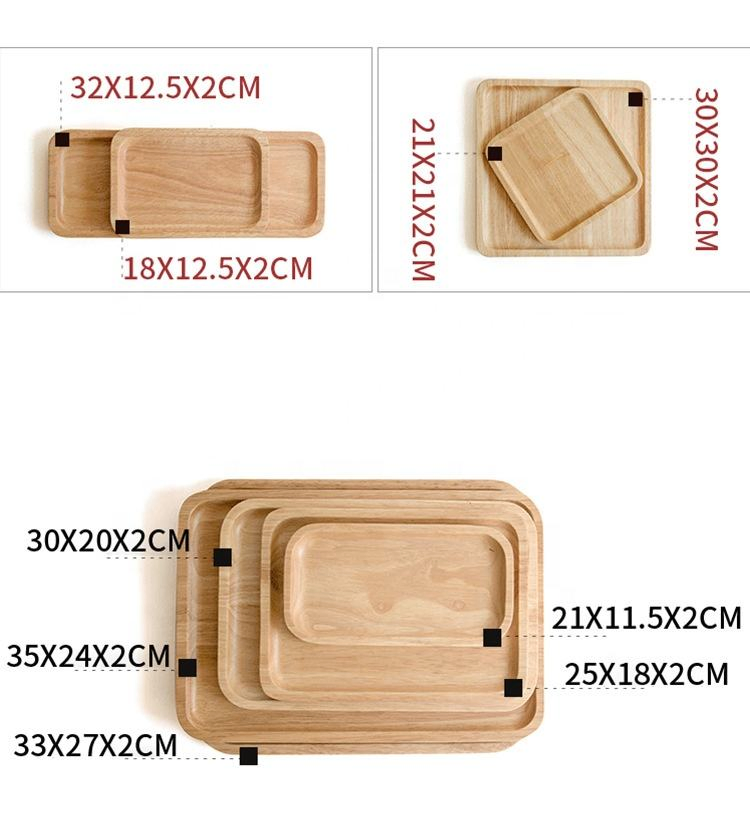 Eco-Friendly Food Tray Rubber Wood Square Plate Home Kitchen Different Sizes Natural Wooden Trayplates