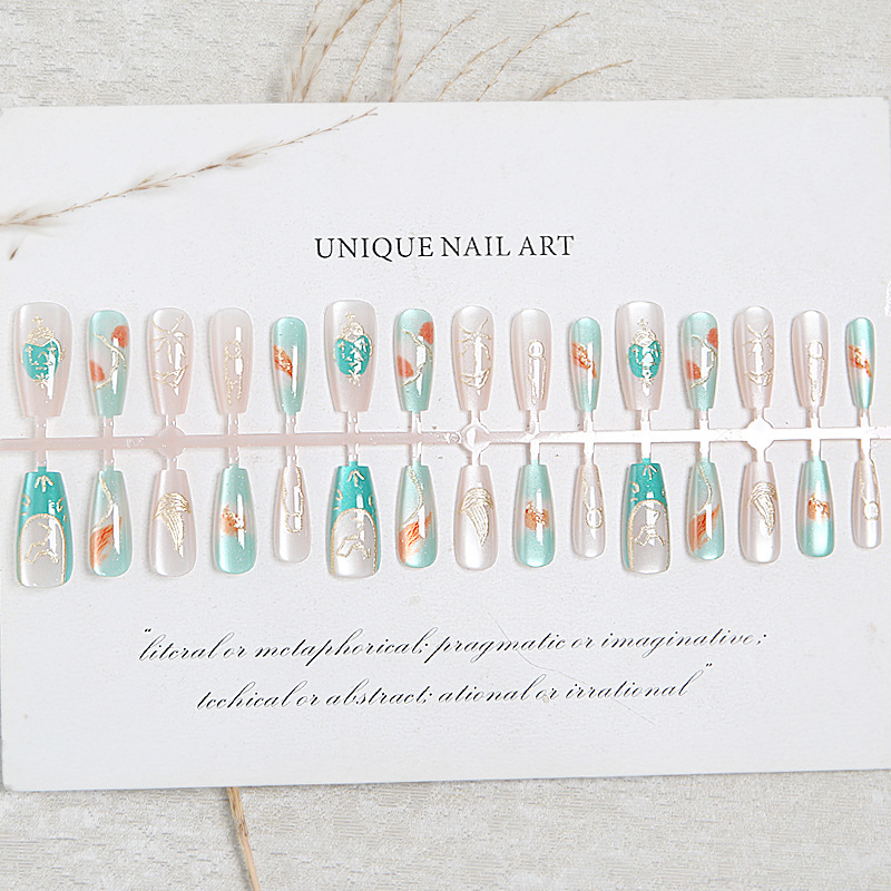 30PCS Libra Themed False Nails Long Coffin Shape Turquoise Gold ABS