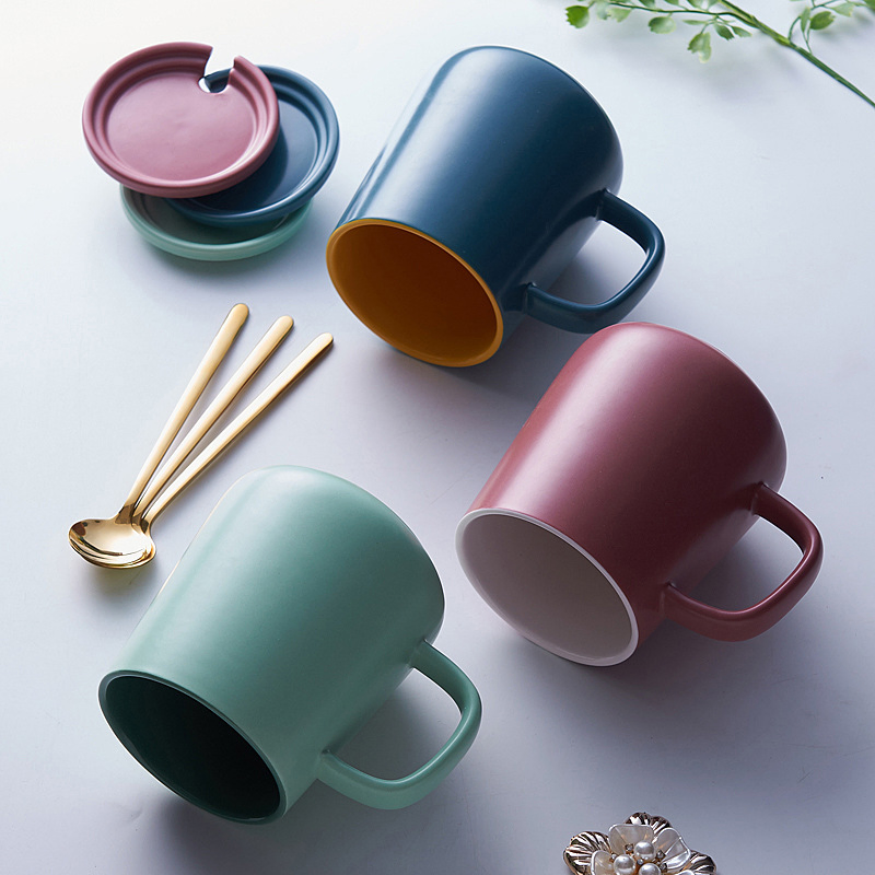 Simple Contrast Color Nordic Ceramic Mug Creative Coffee Water Cup with Lid and Spoon