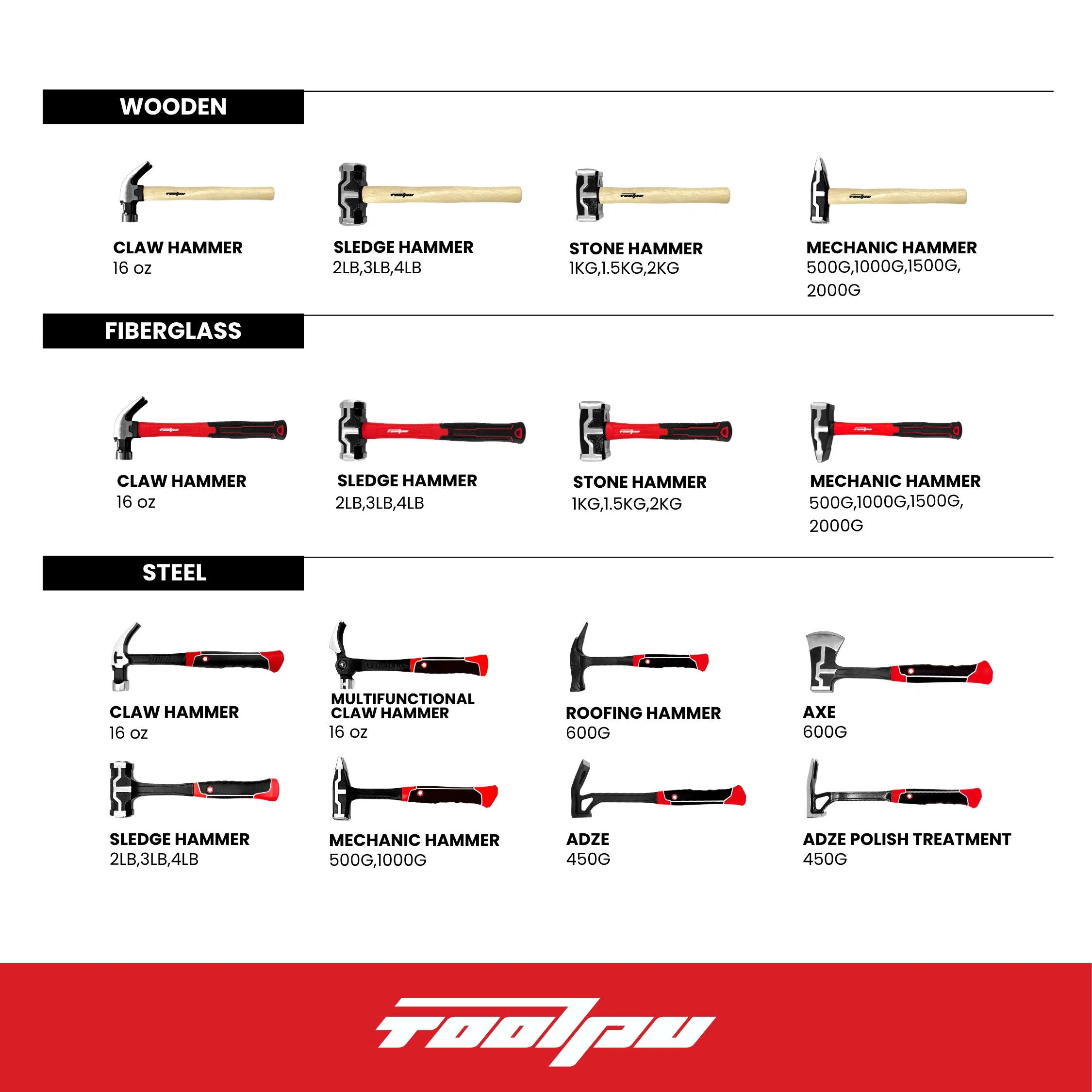 All-Steel Mason Hammer with Fiberglass Handle Anti-Slip Rubber Grip Durable Square Head Red Color 760g for Brick Rock Work