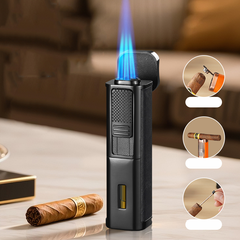 Cigar Specific Three Flame High-Temperature Lighter with Cigar Cutter