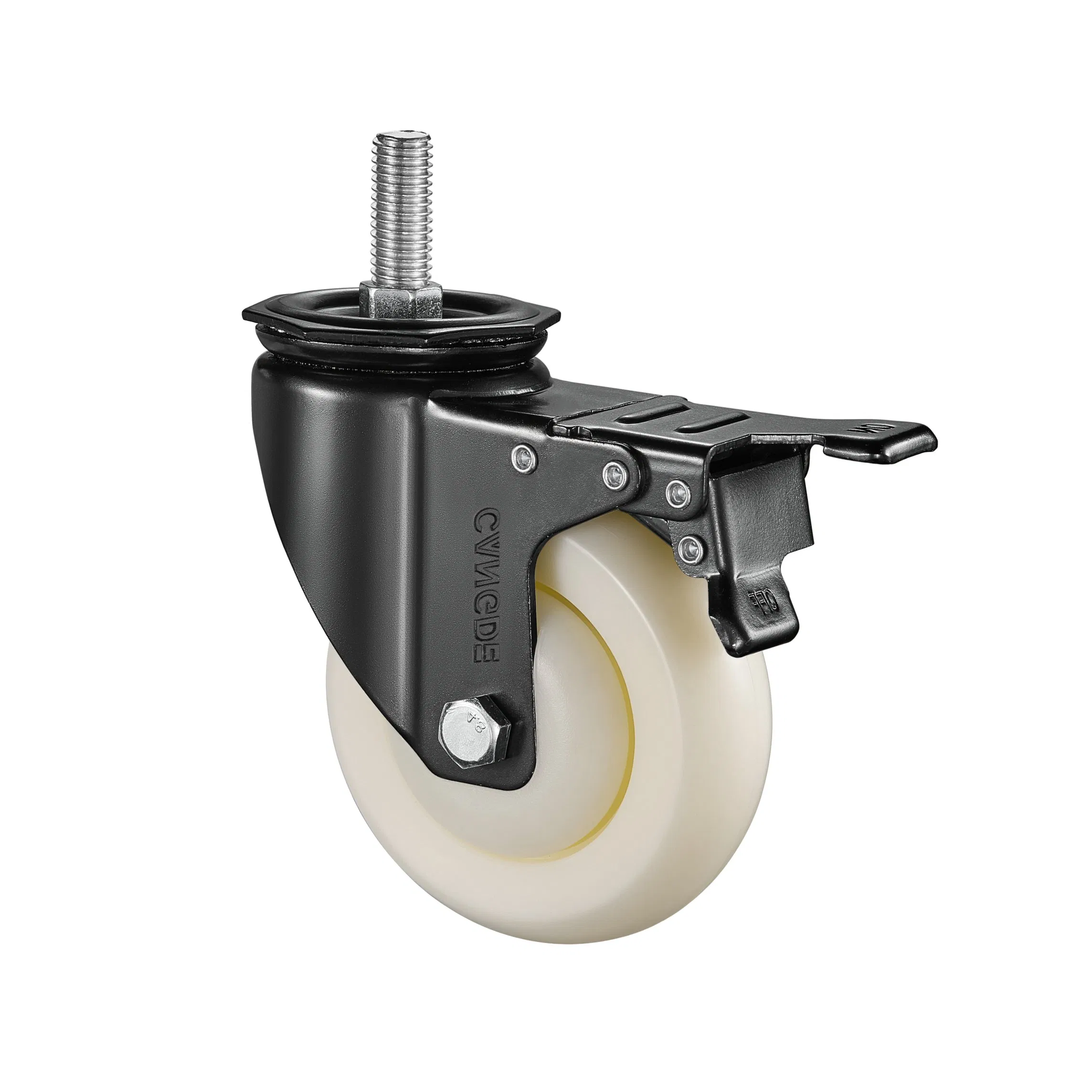 Medium Duty Brake Caster with Threaded Stem & Durable White PP Wheel