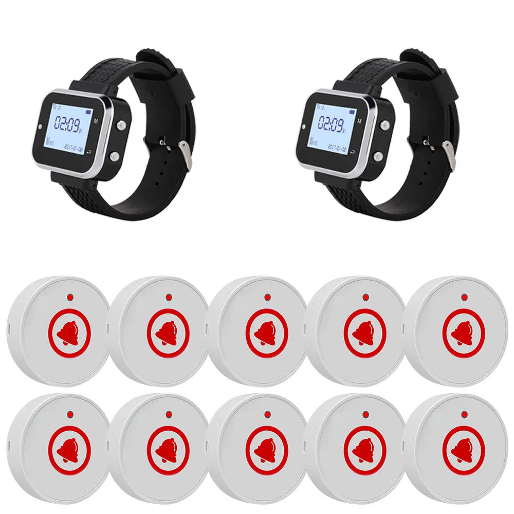 2 Watch Receivers 10 Call Buttons Wireless Calling System Voice Broadcast for F&B/Hotel