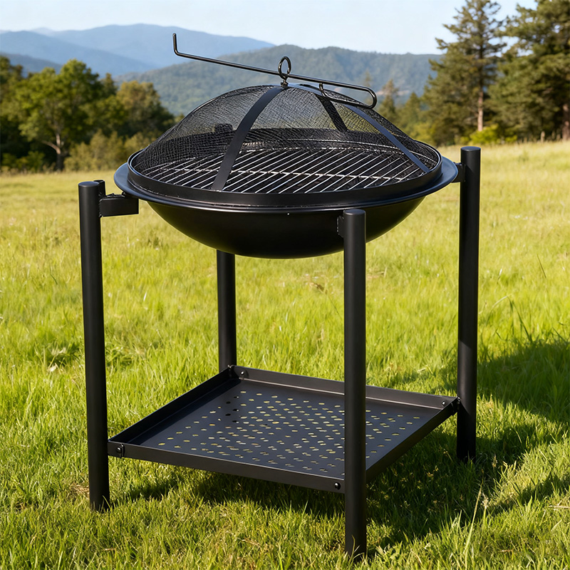 Fire Pit, Outdoor Fire Pit with Iron Art, Storage Shelf and Multi-Fuel