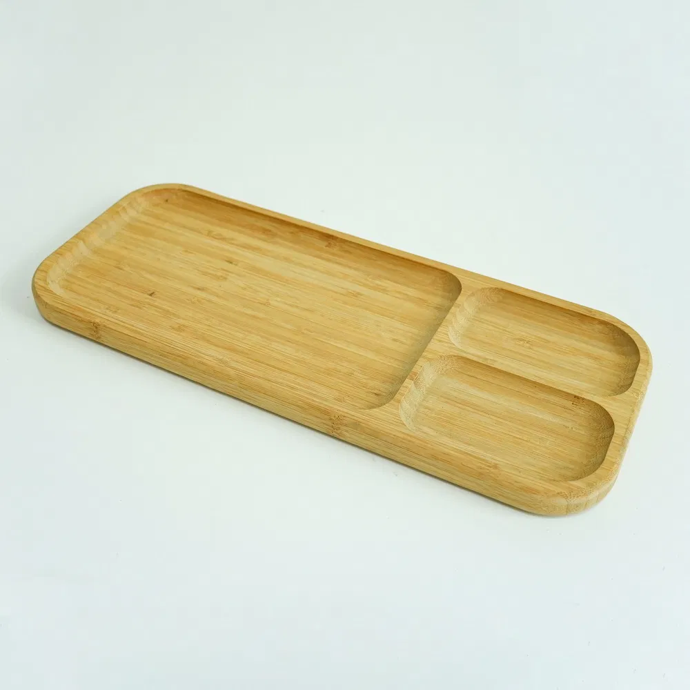 Three Compartments Bamboo Portion Plate Divided Dinner Snack Plates