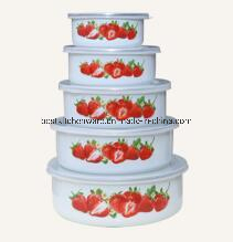 High Quality 5PCS Enamel Salad Bowl with Plastic Lid