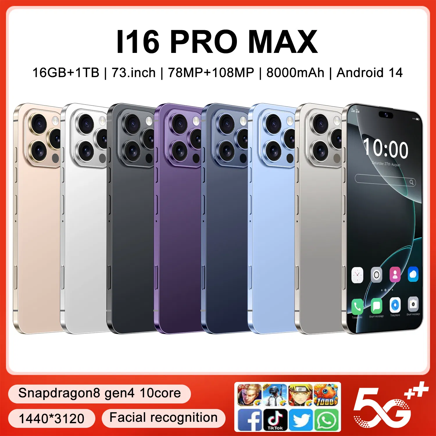 Смартфон I16 PRO Max 2025, 7.3 дюйма, 16ГБ+1ТБ, 5G