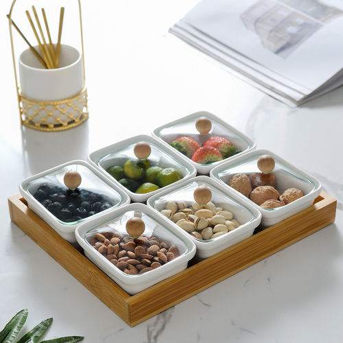 Ceramic Divided Serving Dishes, Ceramic Appetizer Serving Platter Tray, Divided Serving Dishes with Bamboo Tray