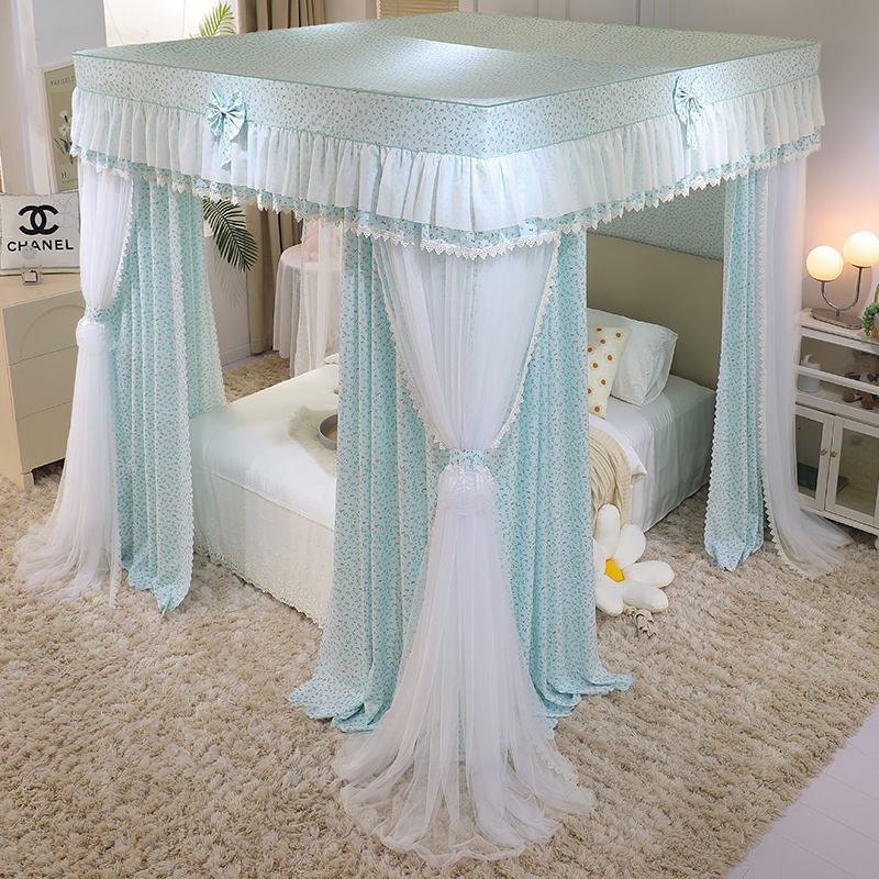 New Double Layer Bed Canopy with Curtain Rods Cream Lace Mosquito Net for Royal Style Light Blocking and Mosquito Protection