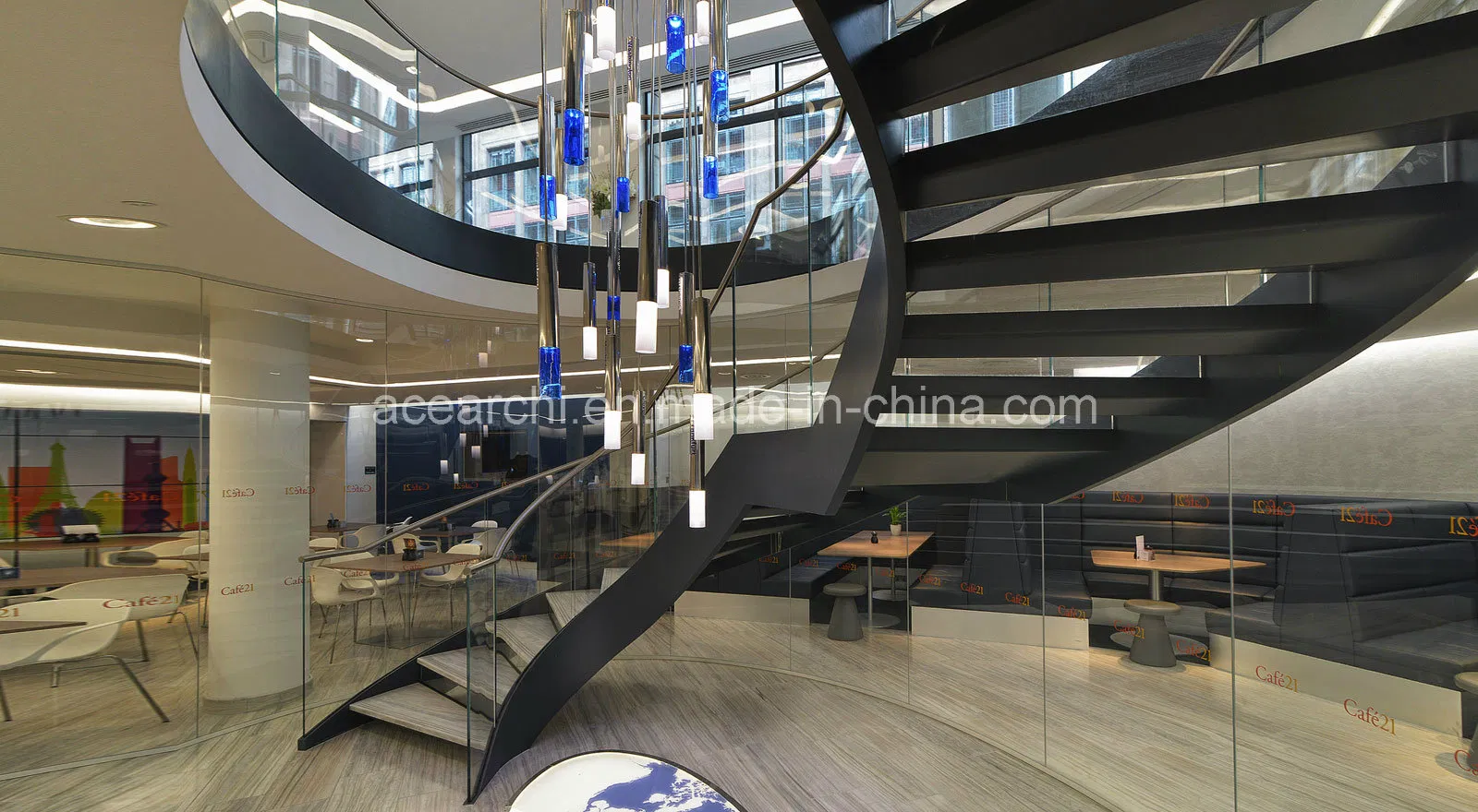 High Quality Indoor Metal Plate Solid Wood Curved Staircase with Glass Railings