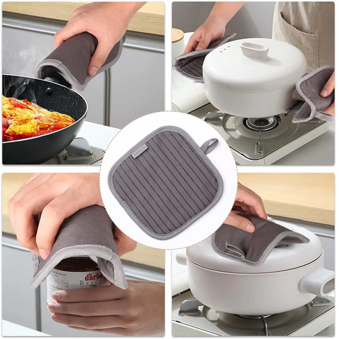 Oven Mitts and Pot Holders Sets Oven Mitts Heat Resistant with Cotton Lining and Non-Slip Silicone Striped Surface Hanging Loop and Potholders