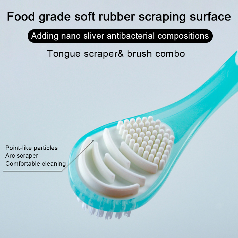 Integrated Tongue Scraper and Brush Cleaning Oral Care Products Nylon/Soft Rubber Bristles
