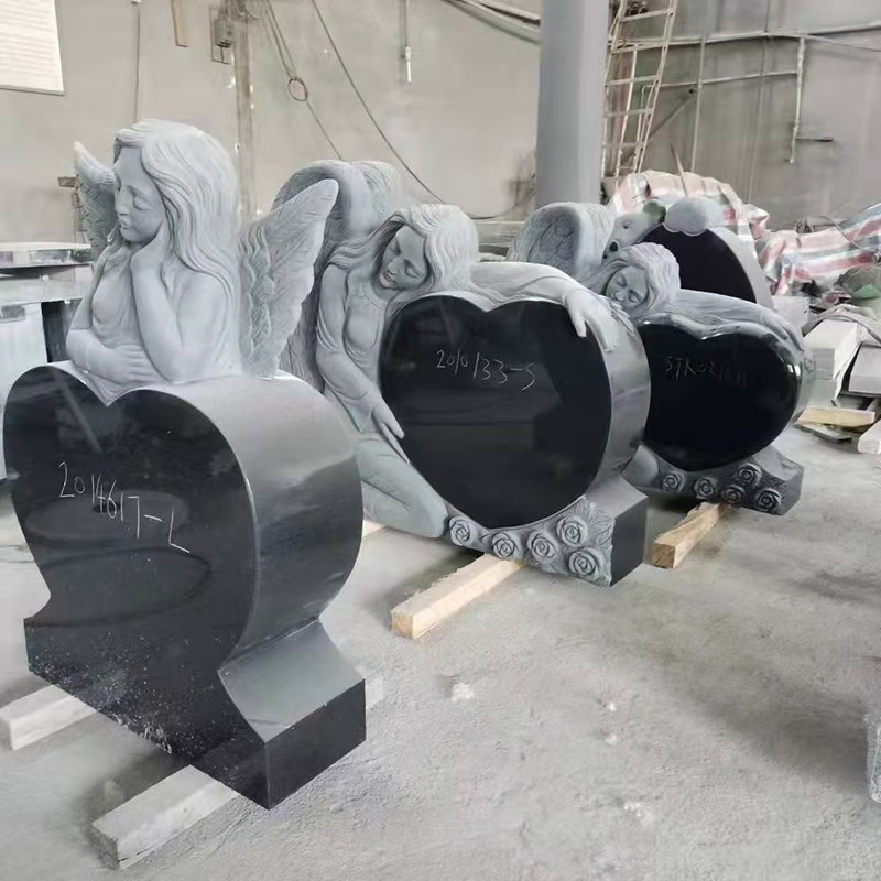 Hard Carved Shanxi Black Angel Heart Shaped Monument Upright Monument Headstone