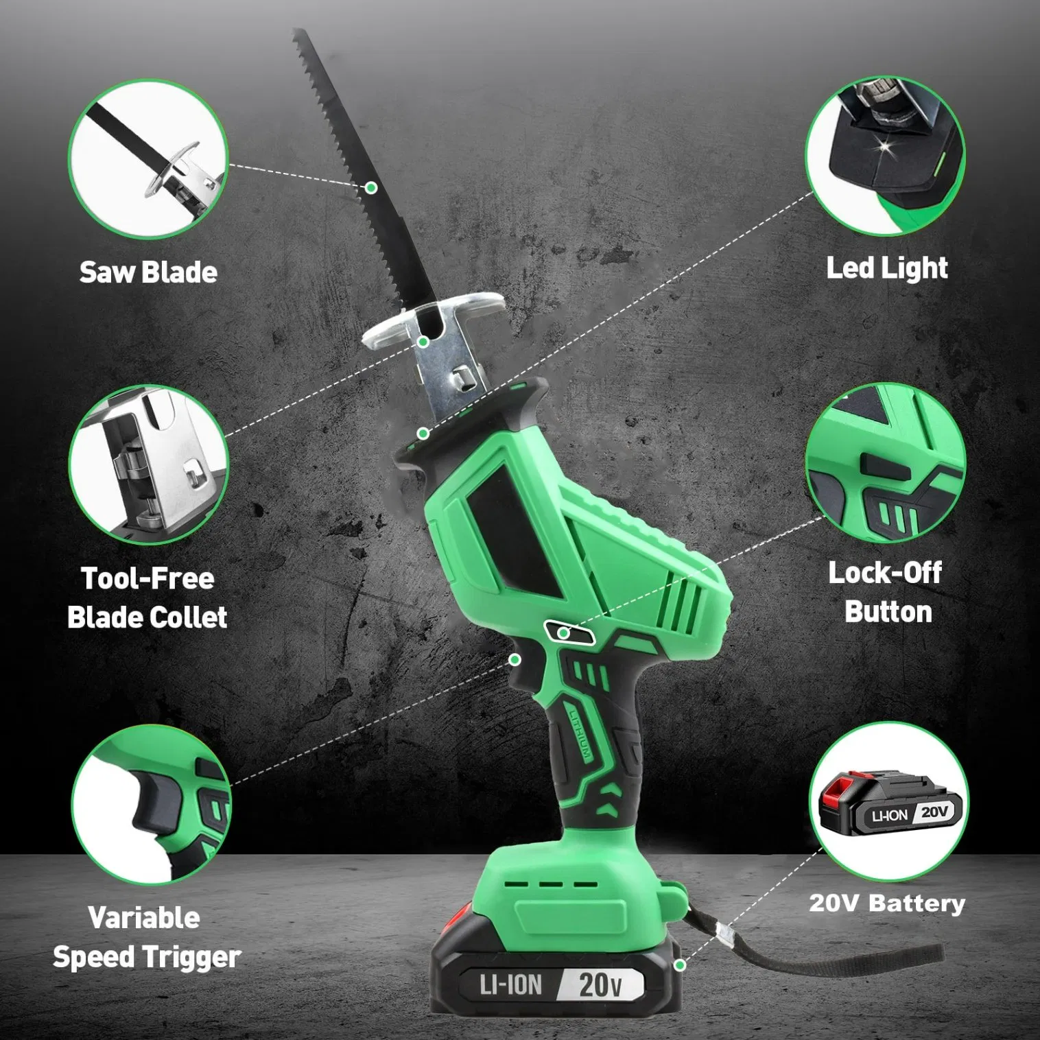 Аккумуляторная сабельная пила 20В для дерева, пластика и металла