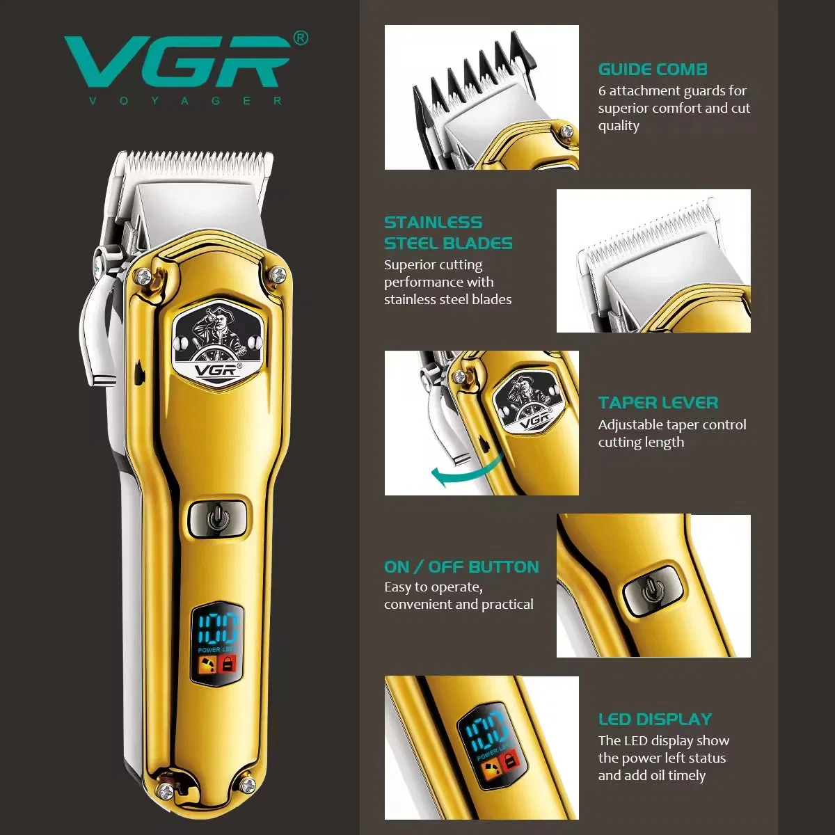 Factory Wholesale Professional Wireless Hair Clipper Trimmers Multi Purpose Vgr Hair Cutting Trimmer
