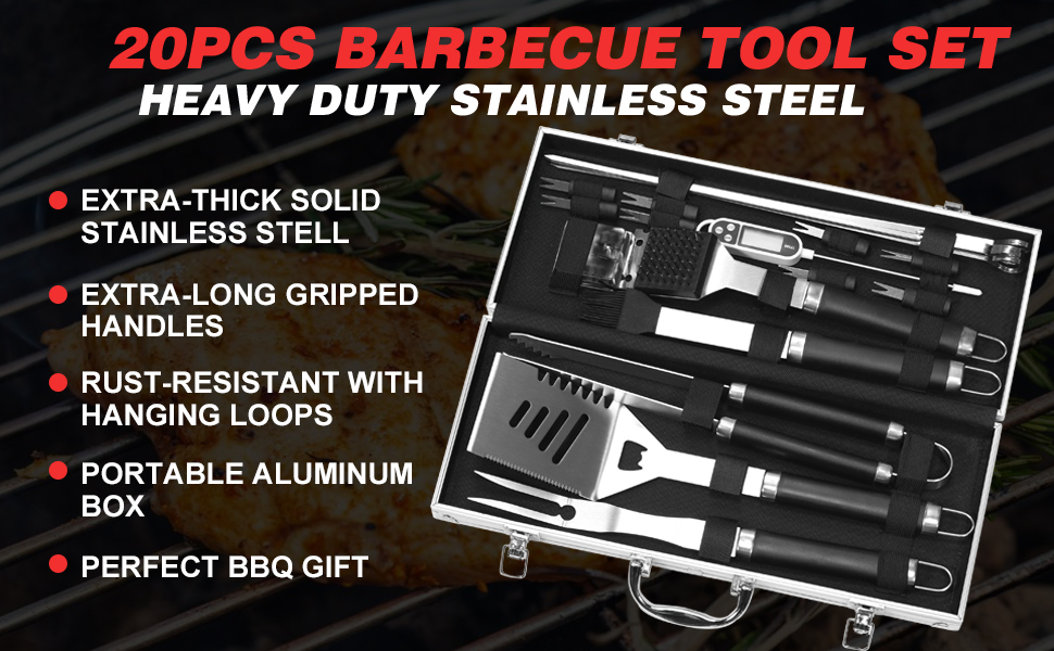 20 PCS Stainless Steel Outdoor Charcoal BBQ Grill Barbeque Set Barbeque Set with Thermometer BBQ Tools Set