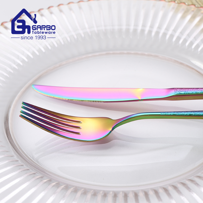 High-Quality Mirror Polish Rainbow Colored Stainless Steel Flatware Set Cutlery Set Knife Spoon Fork with Customized laser Pattern for Supermarket Online Shop