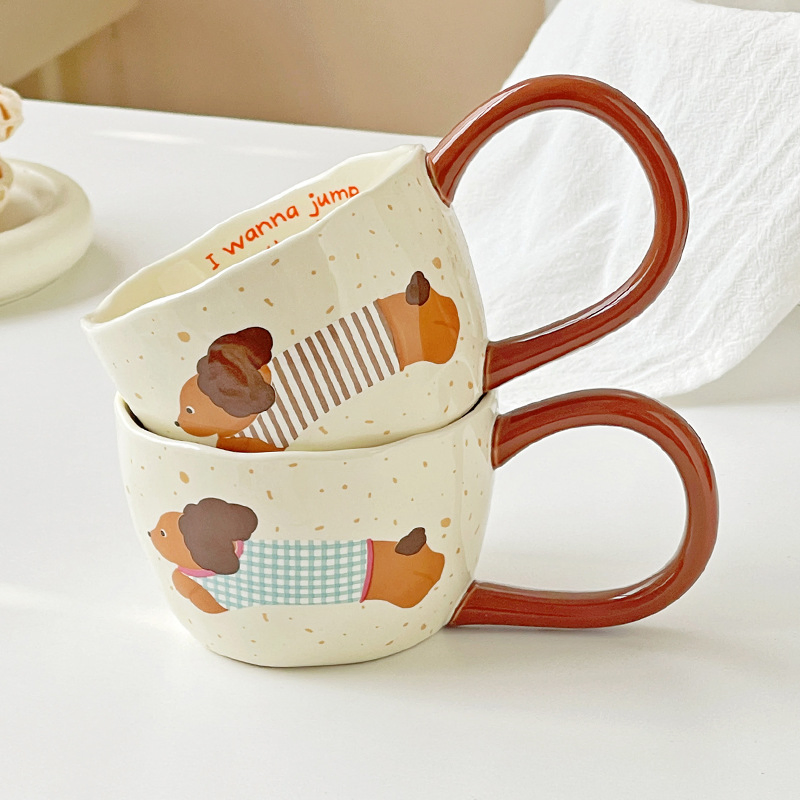 300ml Cute Big Handle Cartoon Ceramic Cup Dog Coffee Mugs Ins Breakfast Household Office Milk Coffee Cups