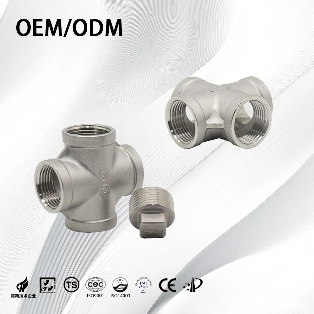 SS304/SS316L ASME B16.9 Customize Durable Seamless Thick-Walled NPT/Bsp Equal Cross with Sandblasting