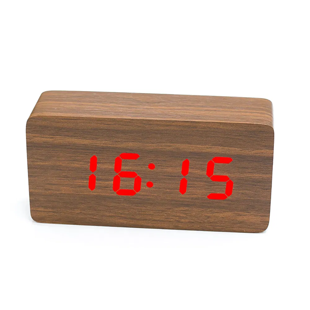 Table Decorative Wood LED Alarm Clock Temperature and Date Display