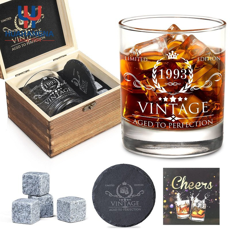 Premium Whiskey Glass Set Custom Logo Engraved Bourbon Whisky Stones and Coaster Gift Set with Wood Box for Men Present